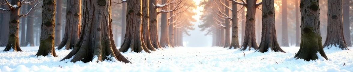 Wall Mural - thick and sturdy tree trunks with bare branches on a white surface, tree trunks, woodland, brown