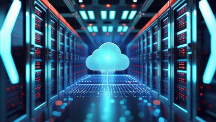 Futuristic Server Room Showcasing Modern Digital Technology With Glowing Cloud Icon, Representing Hybrid Cloud Network And Serverless Architecture.