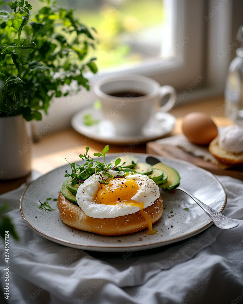Healthy Breakfast with Poached Egg and Avocado on Bagel – Cozy Morning Scene with Coffee