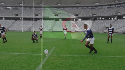 Poster - On field, rugby players with animation graphics overlaying stadium background