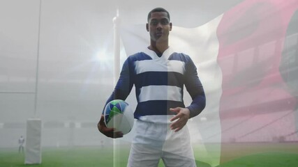 Poster - Holding rugby ball, player on field with flag animation in stadium