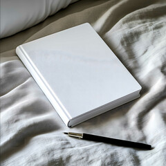 mockup of white empty a5 hardbook cover notebook in a natural lighting setting dof background bed an