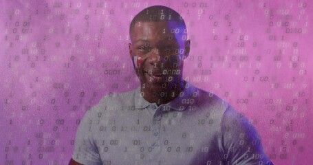 Poster - Binary code animation over pink background with smiling man in focus