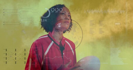 Poster - Holding rugby ball, athlete with digital animation overlay on yellow background