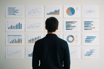 Poster - Strategic Insight: An individual, focused and determined, gazes intently at an array of financial charts and graphs, analyzing data and strategizing for the future.