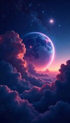 Wall Mural - Nebula clouds and glowing planet against starry night sky, cosmos, astronomy