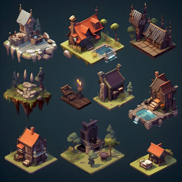 Isometric Pixel Art Collection of Various Detailed Houses And Buildings On Tiles On Dark Background Digital Design