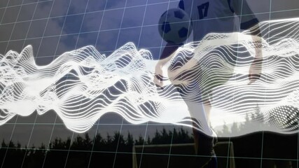 Poster - Juggling soccer ball, player with digital wave animation overlay on field