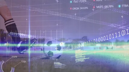 Poster - Soccer player on field with digital data and binary code overlay animation