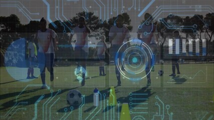 Poster - Soccer players training on field with digital circuit and data overlay animation