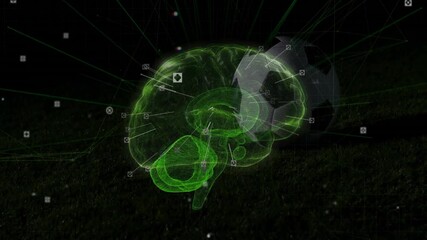 Poster - Animation of digital brain model with data points and connections on dark background