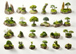Pixelated Miniature Landscape Scenes Collection of Isometric Islands with Green Trees and Moss Covered Rocks On White Background