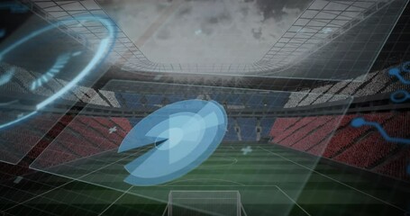 Poster - Futuristic data processing animation over empty soccer stadium with cloudy sky