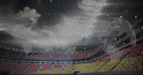 Poster - Digital world map and data processing animation above stadium seats forming flags