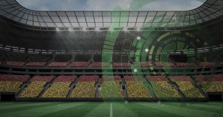 Poster - Green digital interface animation over empty soccer stadium with colorful seats