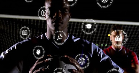 Poster - Holding soccer ball, players with digital icons overlaying, animation of concepts