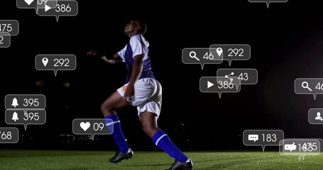 Poster - Kicking ball on dark field, soccer player with animation of social media icons