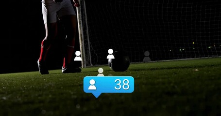 Poster - Kicking soccer ball, player surrounded by animation of social media icons