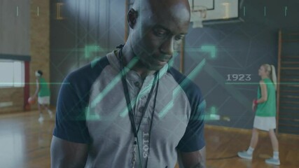 Poster - Coach in gymnasium with data processing animation over basketball practice