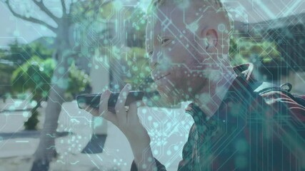 Poster - Man using smartphone voice command with digital circuit overlay animation