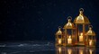 © Feb - Golden Lanterns with Candles Shining on Dark Marble Surface for Holiday