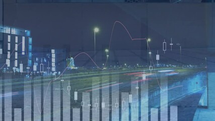 Poster - Overlaying financial data charts on cityscape with blurred traffic lights animation