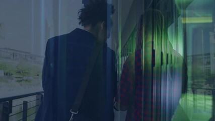 Poster - Walking with green light and vertical lines animation, two people indoors