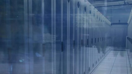 Poster - In server room, people walking while data processing animation overlays scene