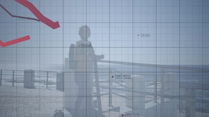Poster - Animation of rising red arrow over person standing by seaside railing