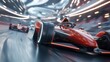 © well - A dynamic and captivating scene of a futuristic race track with sleek, high-tech Formula 1 cars powered by advanced intelligence technologies.
