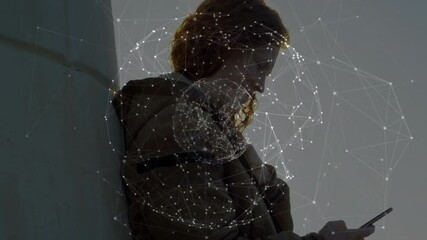 Poster - Using smartphone, woman interacting with digital network animation overlay in school