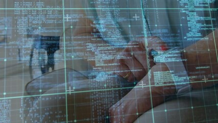 Aufkleber - Hands typing on keyboard with digital code and grid overlay animation