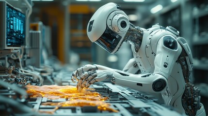 Aufkleber - Autonomous robot working on a computer engaged in advanced repairing of nerve tissues in a medical laboratory setting