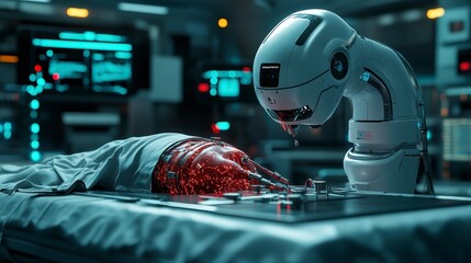 Poster - Advanced ai-enhanced surgical robot skillfully operating on a laptop to repair complex blood vessels with precision