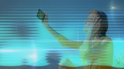 Poster - Taking selfie, woman with digital wave animation overlay in school environment