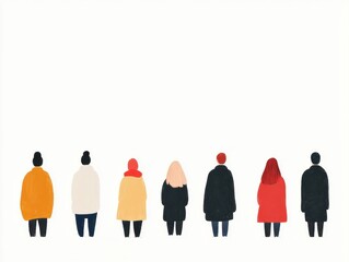 Fototapete - A minimalist illustration featuring diverse figures standing side by side, each wearing distinct clothing styles, against a plain background.