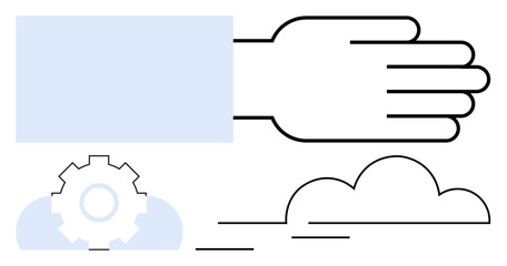 Hand reaching forward with a cloud and gear below, suggesting technology connection, teamwork, and creative solutions. Ideal for technology, innovation, teamwork, cloud computing, mechanical systems