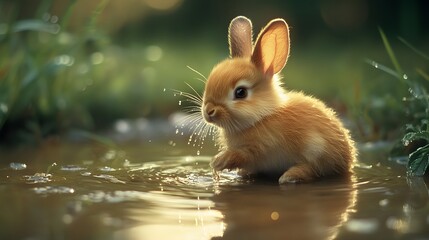 Wall Mural - 61. A baby rabbit sitting in a small puddle, washing its paws and fur