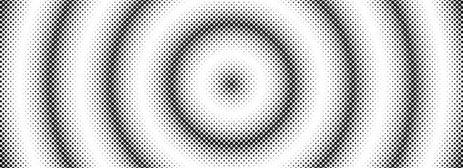 Poster - Halftone circle background. Radial comic target texture. Black and white dotted circular gradient. Fading dot epicenter wallpaper concept. Vector grunge rough round pop art rasterized backdrop