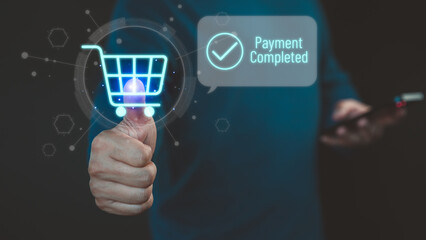 Poster - Customer using a smartphone completes an online payment, with shopping cart icon and a 