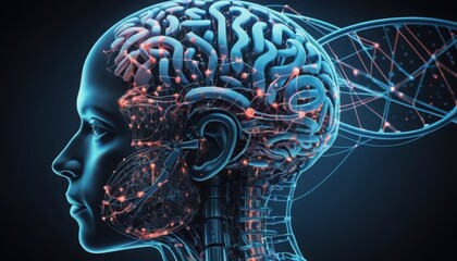 Poster - Futuristic Human Head with Neural Connections and DNA Representation