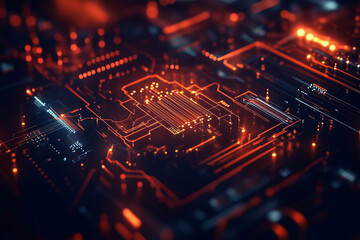 Poster - Detailed Orange Circuit Board Close-up for Technology or AI Concepts