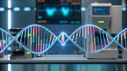 Poster - High-Tech DNA Strand Overlay with Data Chart Elements in Lab