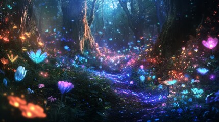 Wall Mural - A mystical, enchanted forest filled with glowing, bioluminescent plants and flowers. 