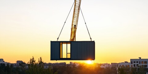 Aufkleber - Sustainable Urban Living Revolution Modular Shipping Container Home Lifted at Golden Hour - Innovative Architectural Solutions for Next-Generation Compact Housing Design