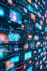 Poster - Dynamic digital display of multimedia content urban environment technology data visualization close-up perspective