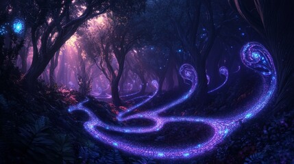 Wall Mural - Ancient Forest of Fractal Growth: An enchanted forest made up of trees whose branches spiral into perfect fractal patterns. 