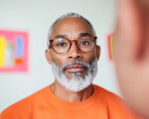 Aufkleber - Inclusive Professional Leadership Empowering Mature Mentor in Vibrant Orange, Capturing Authentic Multigenerational Workplace Diversity and Wisdom in High-Resolution Portrait