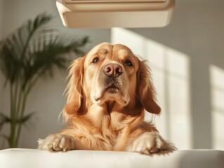 Aufkleber - Smart Pet Care Revolution Golden Retriever Interacts with AI-Enabled Automated Wellness Bed - Cutting-Edge Companion Technology for Modern Pet Parenting