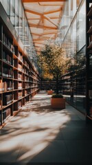 Aufkleber - Immersive Knowledge Sanctuary Modern Library Architecture with Biophilic Design, Illuminating Digital Learning Environments and Spatial Innovation for Next-Gen Education